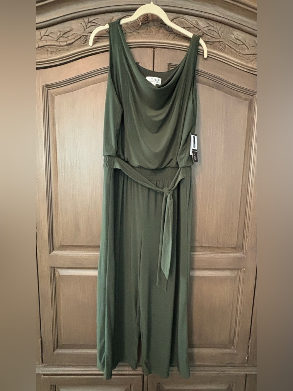 NWT Soho Apparel Olive Green  Draped Front Jumpsuit with Waist Tie